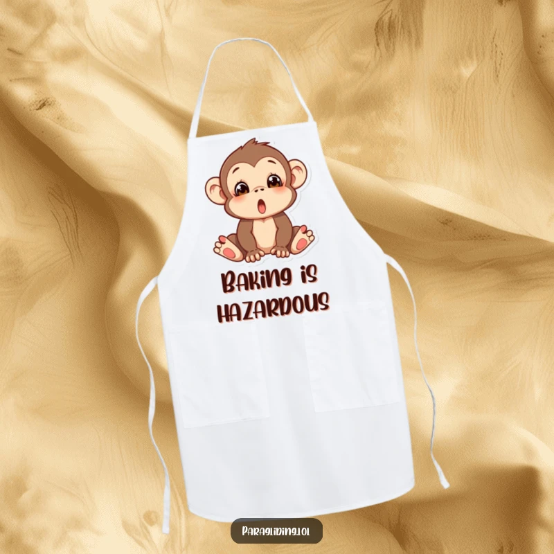 Funny apron showcasing a silly monkey with a shocked expression, looking as if it’s about to fall, ideal for kitchen fun.