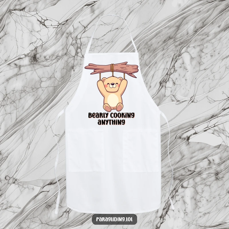 Funny bear apron showing a proud bear hanging peacefully in the air, ideal for humorous kitchen escapades.