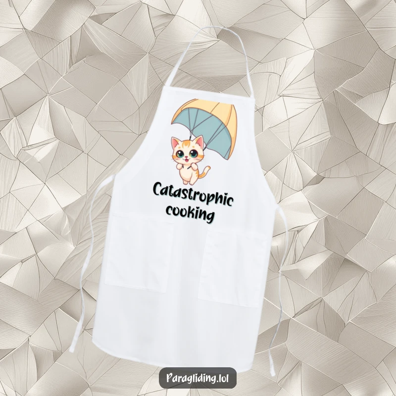Funny apron with a curious cat dangling from a paraglider with wide eyes, perfect for adventurous cooking and kitchen fun, great funny gift.