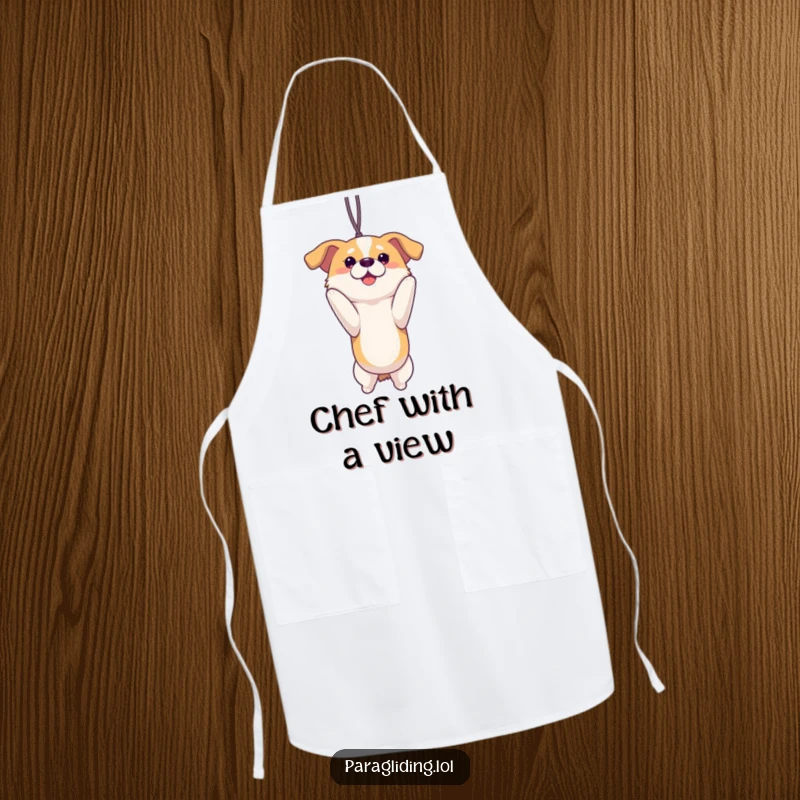 Funny proud dog suspended and enjoying a view on a chef's apron. A playful and practical funny gift for cooks.