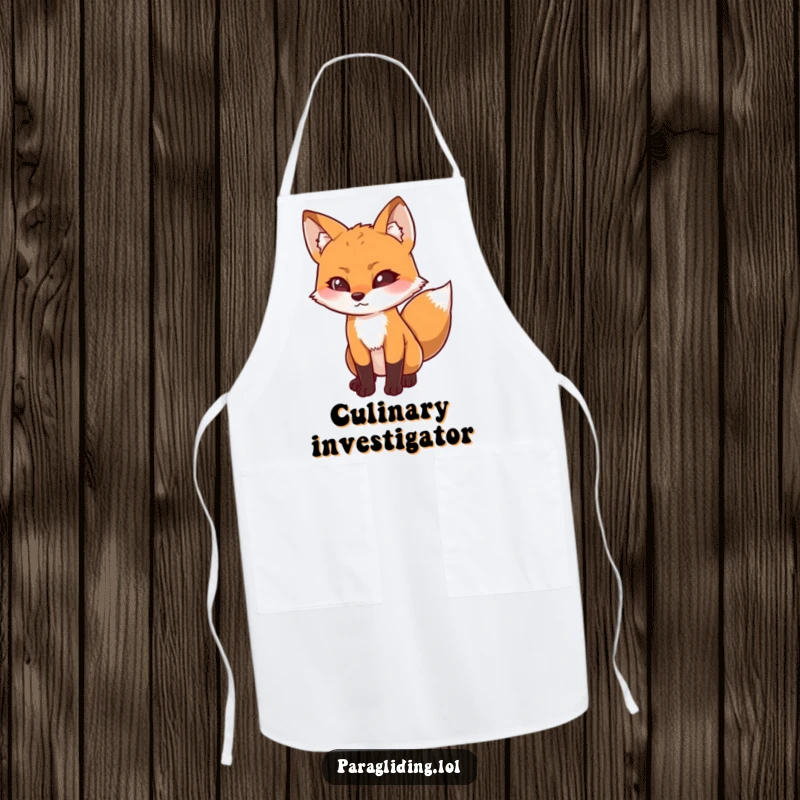 Funny apron with a determined fox looking downwards with curiosity, perfect for focused cooking and kitchen investigation, great funny gift.