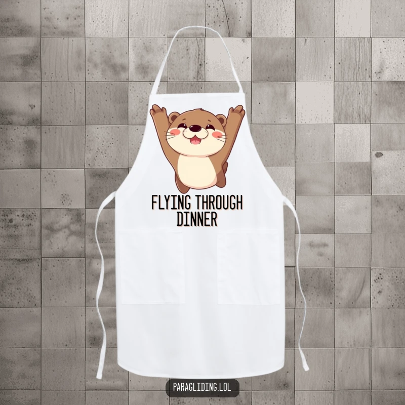 Funny apron displaying a joyful otter with an enormous grin, mid-flight, bringing a sense of aerial excitement and cheer to the kitchen.
