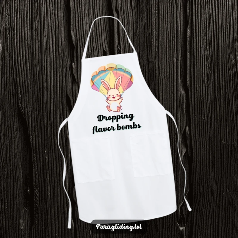 Funny apron: A cheerful bunny joyfully dangling from a colorful parachute. A fun and functional kitchen accessory.