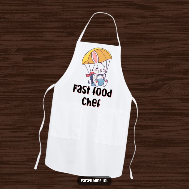 Funny apron showing a determined, smiling bunny steering a paraglider with a grin, ideal for kitchen use or BBQs with a sense of adventure.