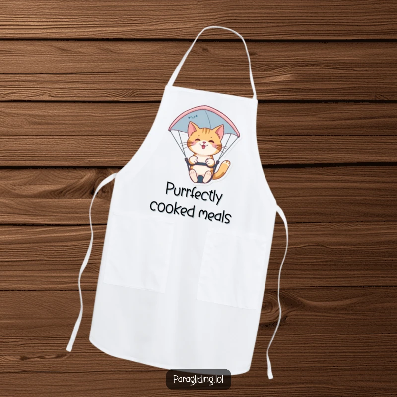 Funny confident cat paragliding nimbly on a chef's apron. A chic and practical funny gift for cooks.