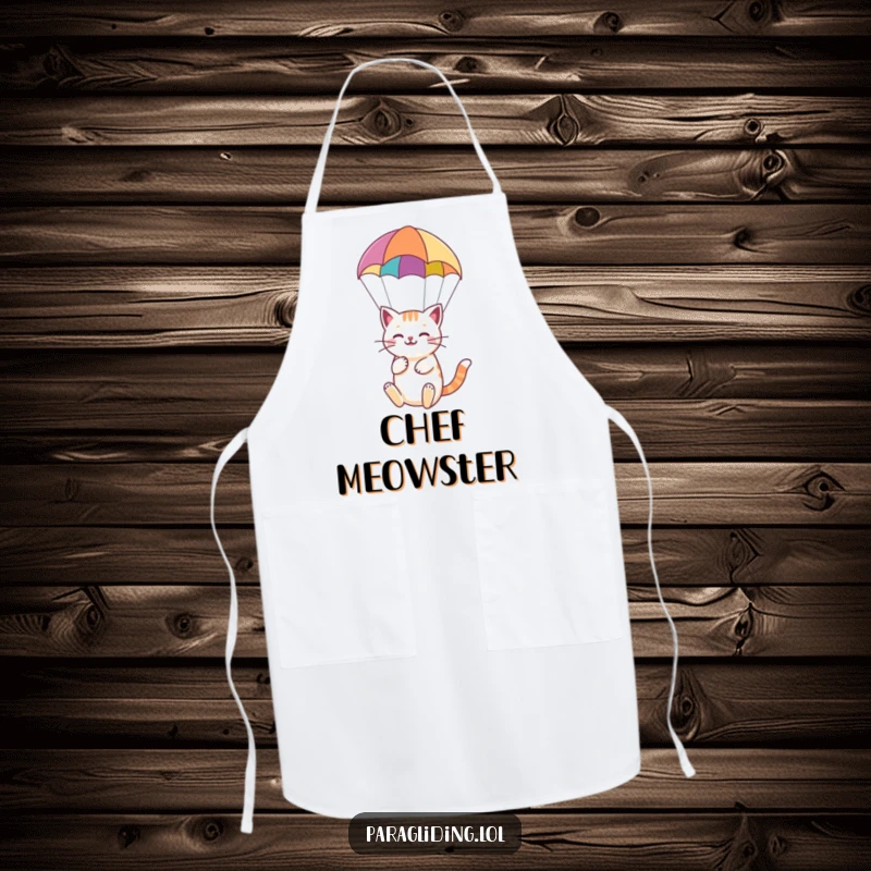 Funny apron showcasing a happy cat serenely paragliding under a colorful paraglider, perfect for a calm kitchen.