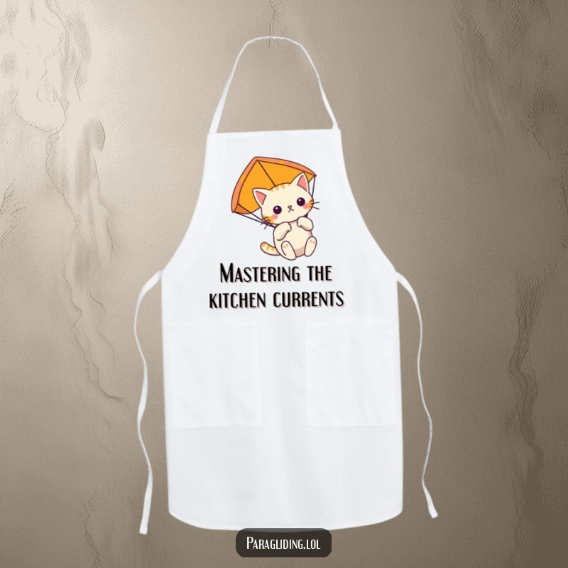Funny determined cat floats gently, clutching its paraglider on a kitchen apron, ready for focused culinary missions.