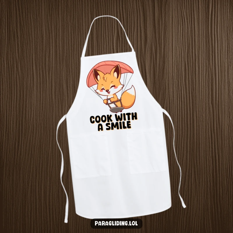 Funny Fox Apron: A functional apron with a funny illustration of a bouncy fox smiling while steering a paraglider, perfect for kitchen fun.
