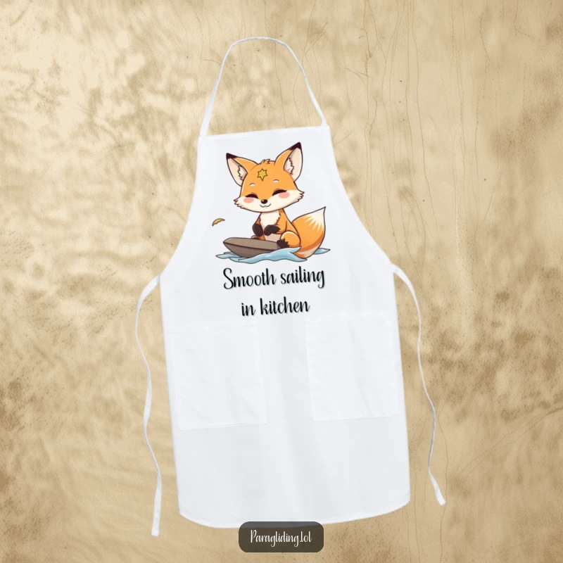 Funny Fox Paraglider Apron featuring a fox navigating wind currents with a calm smile, ready for kitchen duties.
