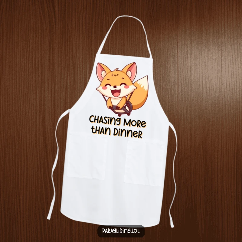 Funny fox paragliding with a wide, excited grin on a kitchen apron, ready for airborne culinary adventures.