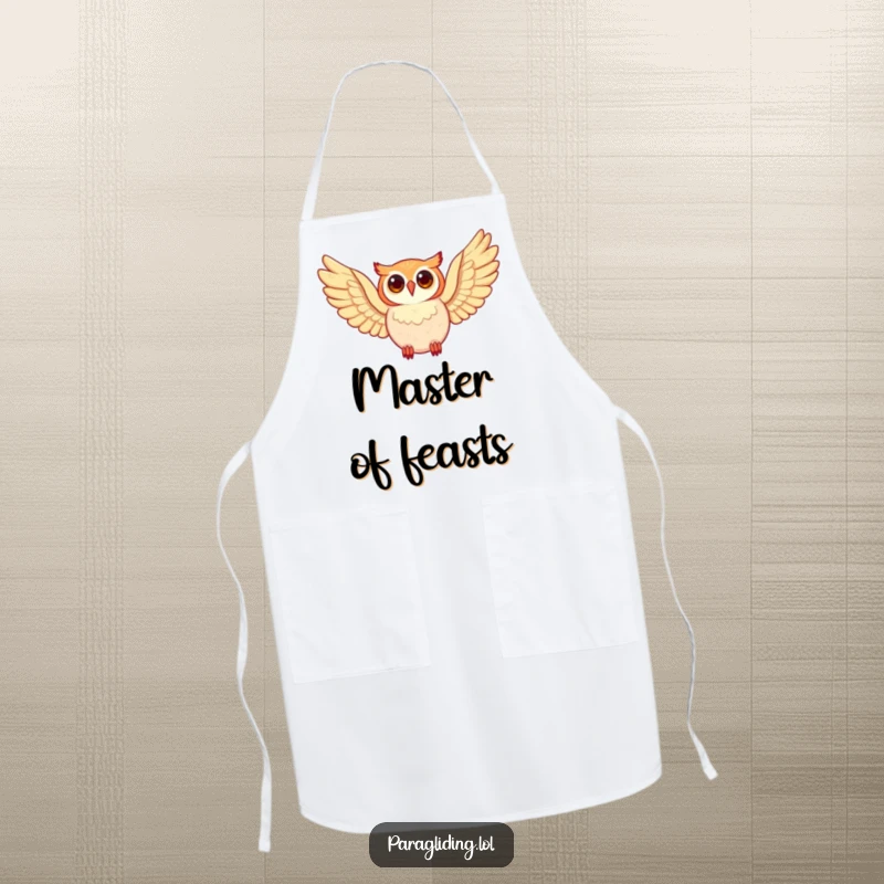Funny owl, soaring with wide wings, printed on a functional apron, a wise funny gift.