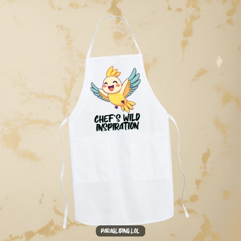 Funny apron with a joyful parrot grinning widely as it soars, perfect for cheerful cooking and kitchen fun, great funny gift.