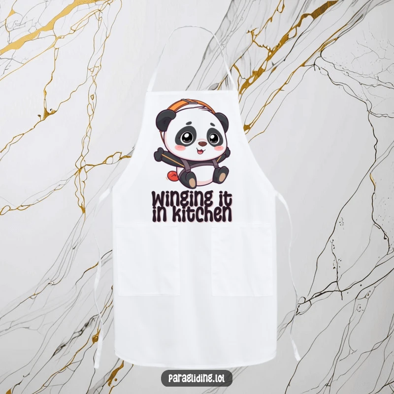 Funny Panda Paraglider Apron showing a panda with a bewildered smile paragliding, ready for kitchen tasks.