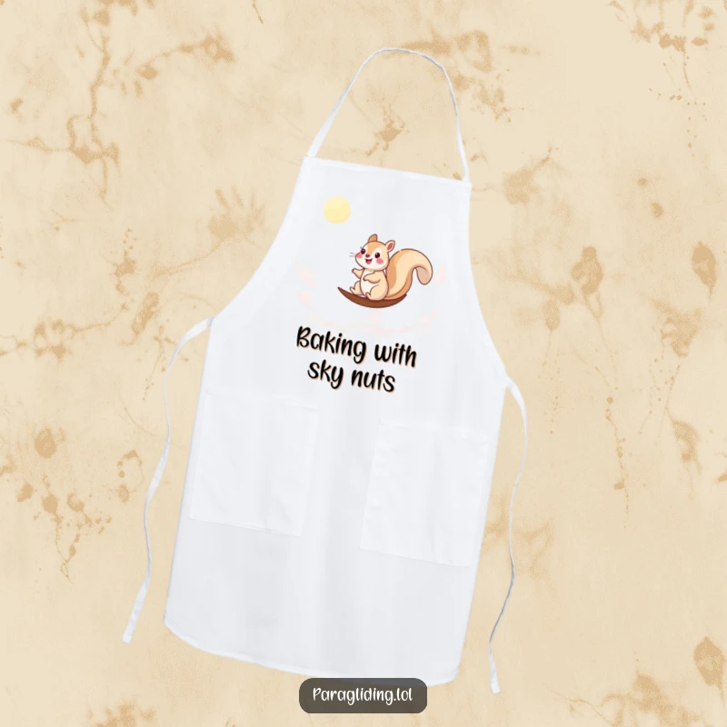 Funny apron featuring a happy squirrel sailing through clouds, ideal for a cheerful cooking experience.