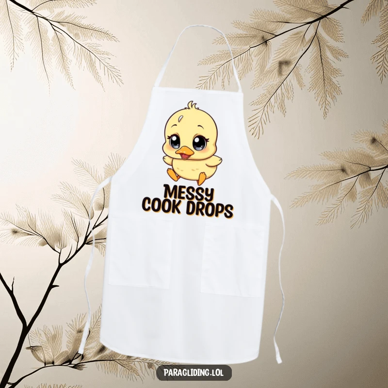 Funny kitchen apron adorned with a wobbly duckling character having wide, surprised eyes while drifting downwards, practical and amusing.