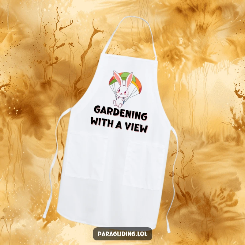 Funny curious rabbit looks down from a colorful paraglider on a kitchen apron, ready for culinary exploration.