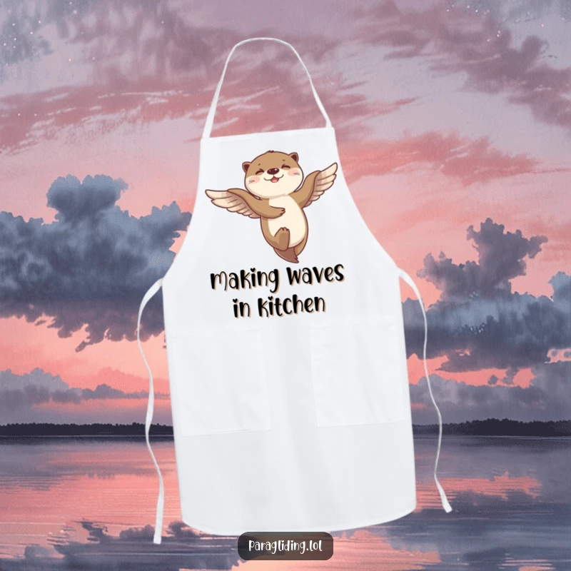 Funny apron featuring a giggling otter dancing mid-flight on the breeze, ideal for a joyful cooking experience.