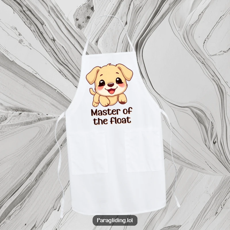 Funny puppy apron, smiling puppy drifting gently downward on a cloud, kitchen wear, cute pet graphic.