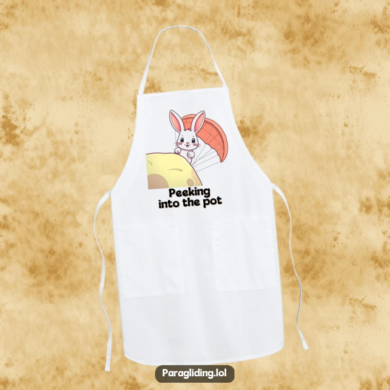 Funny rabbit paraglider apron showing a curious bunny peeking, a humorous and practical addition to any kitchen.