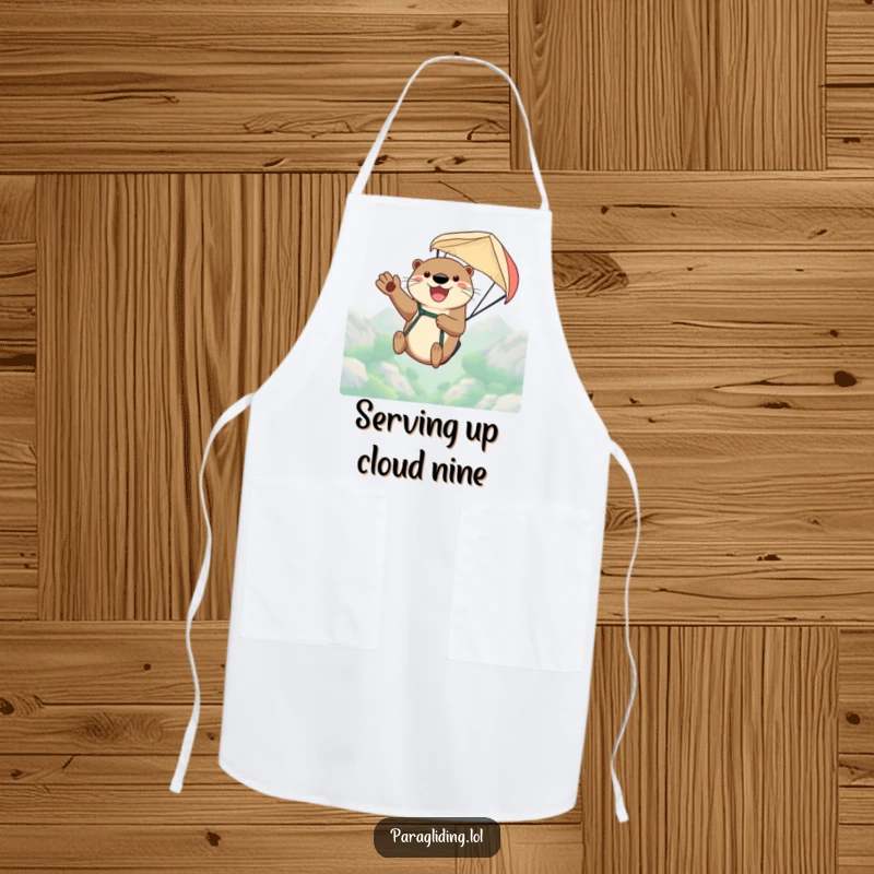 Funny apron with a happy otter waving from a paraglider high in the sky, perfect for adding a whimsical touch to cooking.