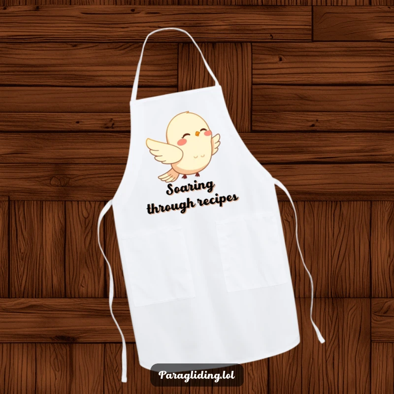 Funny smiling bird peacefully drifting on wind currents on a chef's apron. A gentle and practical funny gift for cooks.