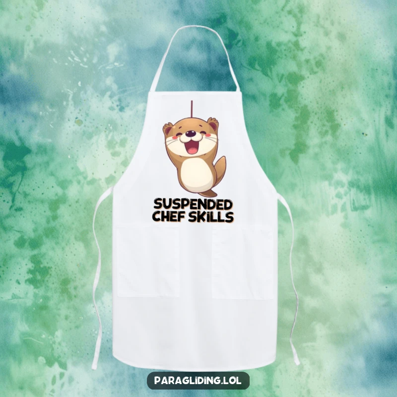 Funny otter paragliding apron, showcasing an excited otter with a joyful expression, ready for kitchen fun.