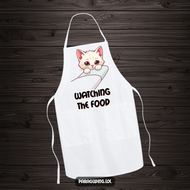 Funny kitchen apron adorned with a curious cat character peeking over the edge of a glider, perfect for cooking with personality.
