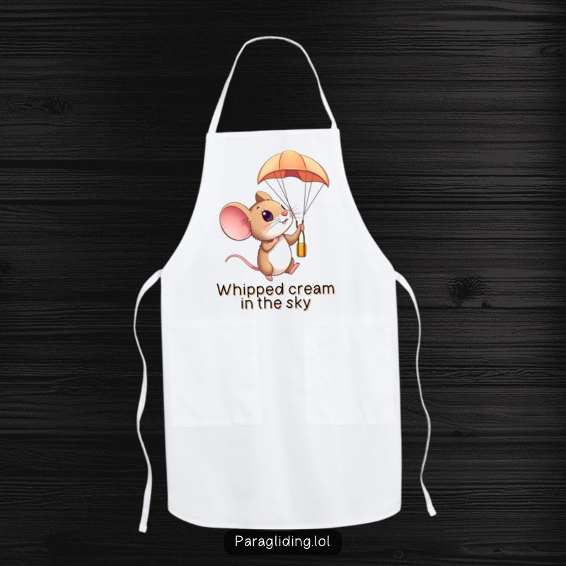 Funny apron showing a small mouse looking amazed from a paraglider in the sky, perfect for kitchen adventures.