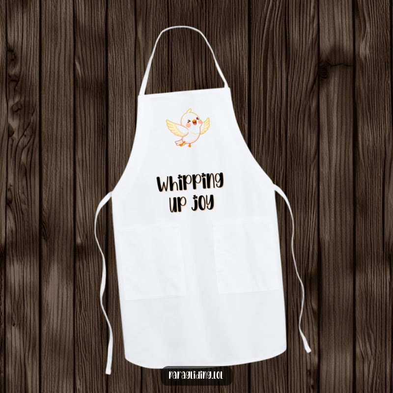 Funny apron: A happy bird joyfully soaring amidst fluffy white clouds. A cheerful and functional kitchen accessory.