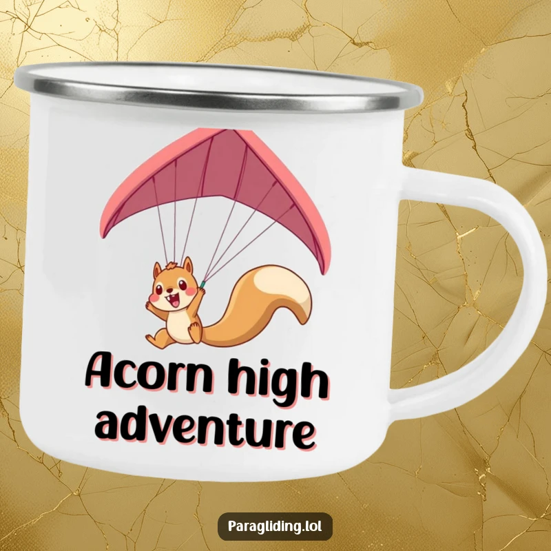 Funny squirrel paraglider camping mug showing an excited squirrel dangling, a humorous and rugged mug for the outdoors.