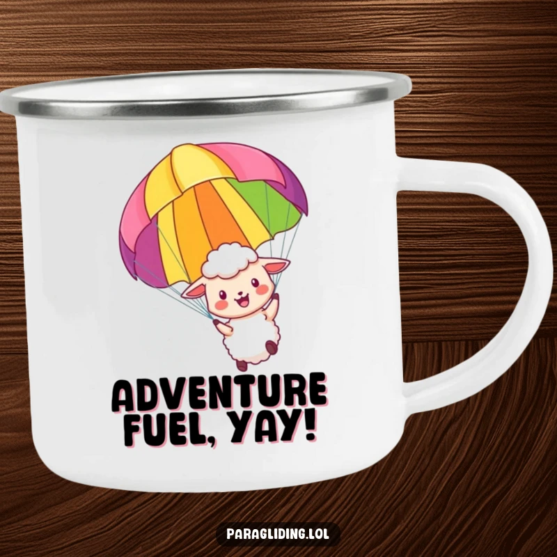 Funny camping mug with a little sheep joyfully paragliding, perfect for humorous outdoor enjoyment and adventure.