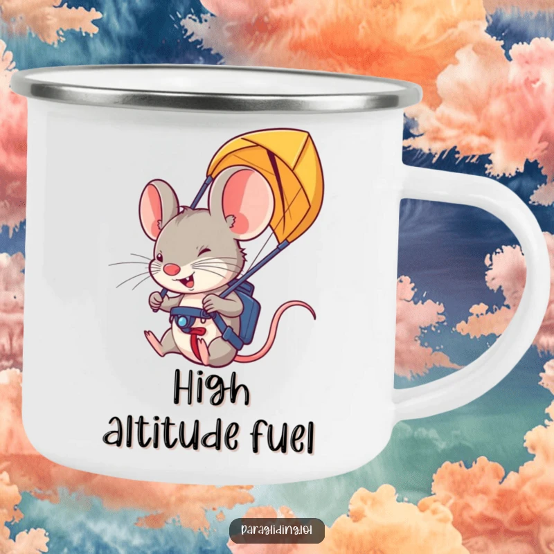 Funny paraglider mouse camping mug: a rugged mug with a determined mouse gripping paraglider handles, for outdoor adventures.