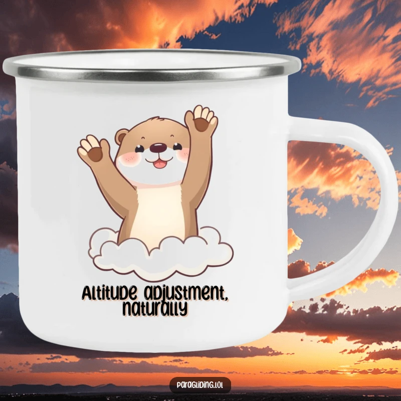 Funny otter waving from clouds, durable enamel camping mug, whimsical outdoor gear, ideal funny gift.