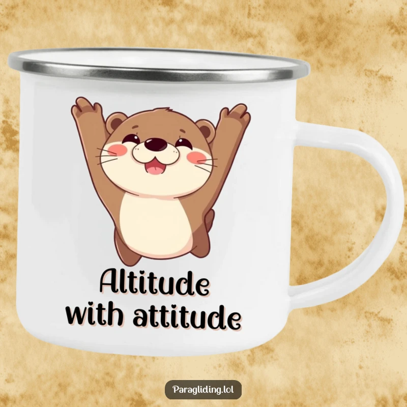 Funny camping mug featuring a joyful otter with a wide smile, soaring high in the sky, ready for outdoor adventures and hot beverages.