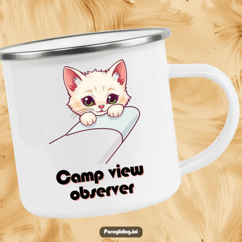 Funny enamel camping mug showcasing a curious cat character peeking over the edge of a glider, perfect for outdoor exploration.