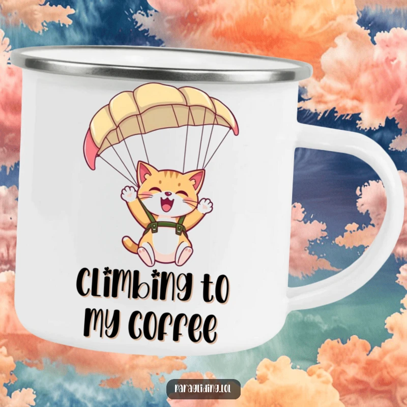 Funny and durable camping mug featuring a giggling cat paragliding, ideal for adventurous campers.