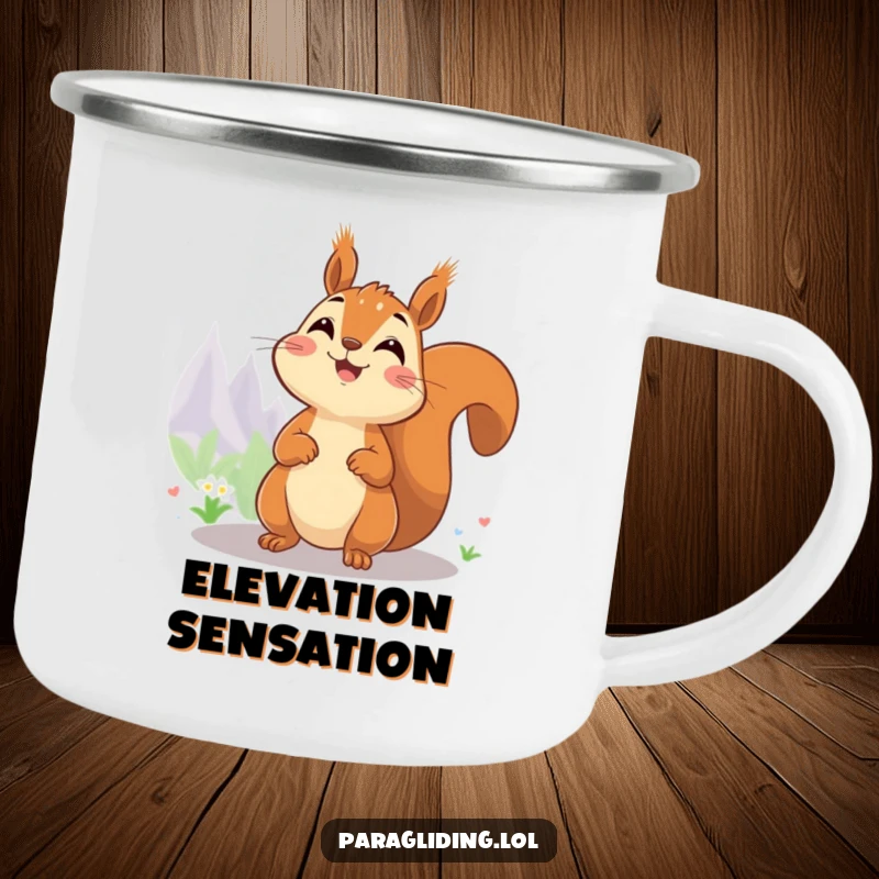 Funny camping mug with a cheerful squirrel enjoying a vast view from a high point.