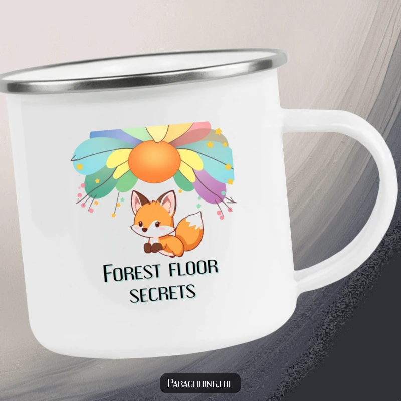 Funny curious fox, gliding under a canopy, on a rugged camping mug, a charming funny gift.