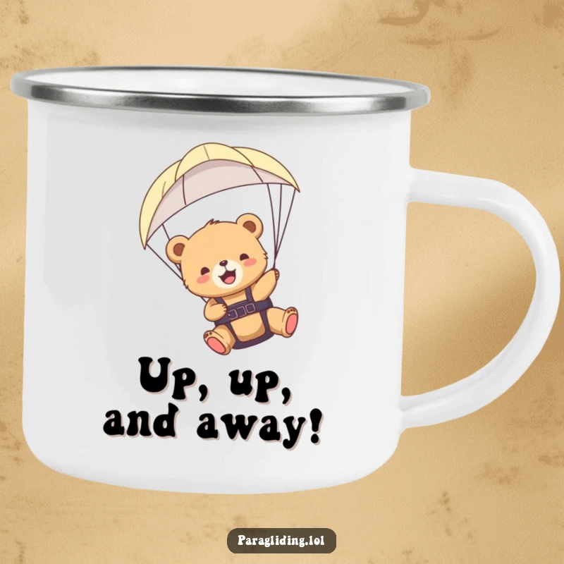 Funny bear cub paraglider camping mug showing a cub enjoying a flight, ideal for outdoor enthusiasts who love humor.