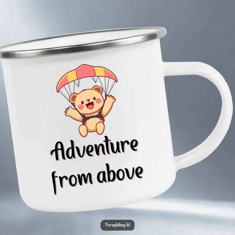 Funny bear cub camping mug, a durable cup with a cub waving from a paraglider, great for outdoors.