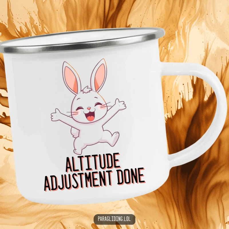 Funny camping mug with a delighted bunny soaring through the sky, perfect for humorous outdoor enjoyment and a sense of freedom.