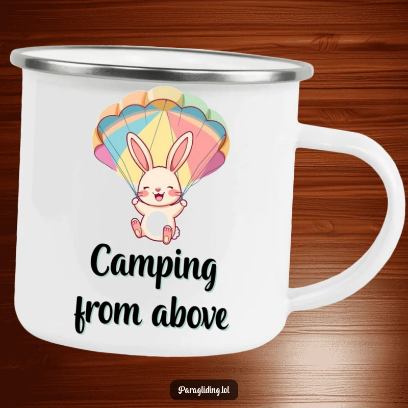 Funny camping mug: A cheerful bunny joyfully dangling from a colorful parachute. Rugged, durable, and humorously adventurous.