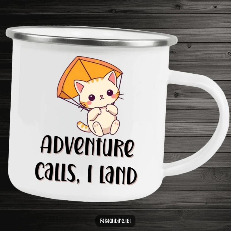 Funny determined cat floats gently, clutching its paraglider on a camping mug, for focused sipping on adventures.