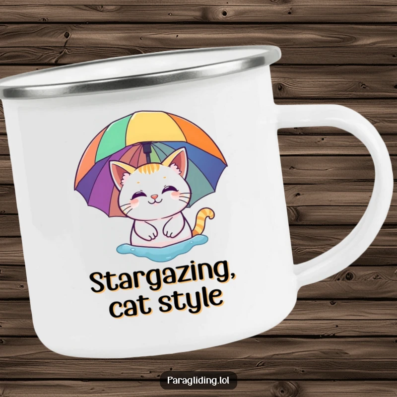Funny camping mug: A smiling cat peacefully floating under a vibrant rainbow umbrella. Rugged, durable, and humorously charming.