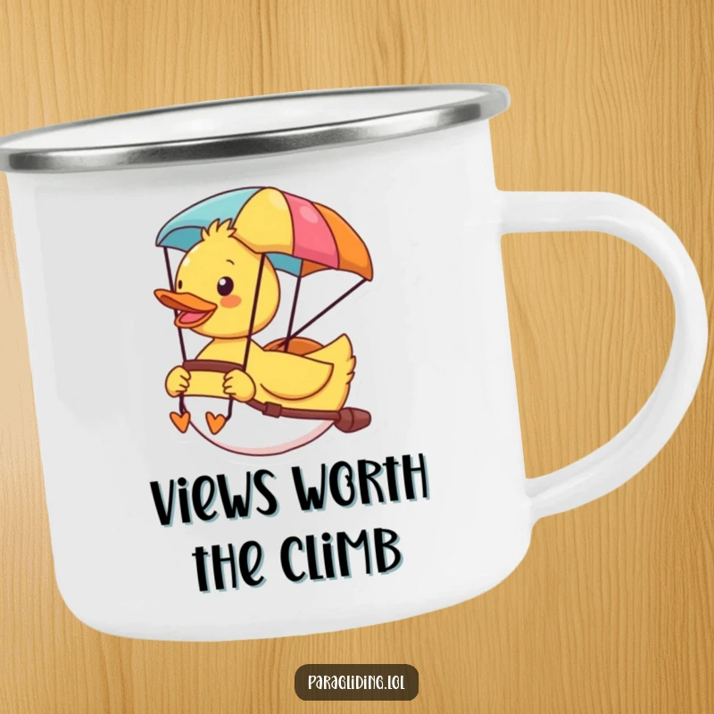 Funny camping mug with a cheerful duck soaring in its colorful paraglider, bringing joy to outdoor excursions.