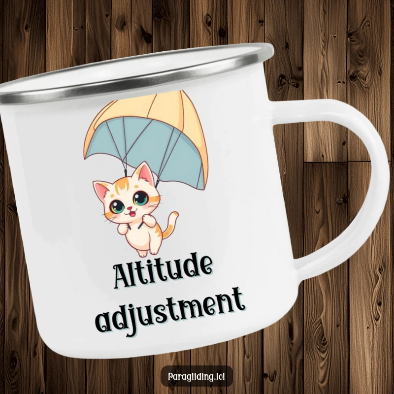 Funny camping mug with a curious cat dangling from a paraglider with wide eyes, perfect for thrilling outdoor enjoyment, excellent funny gift.