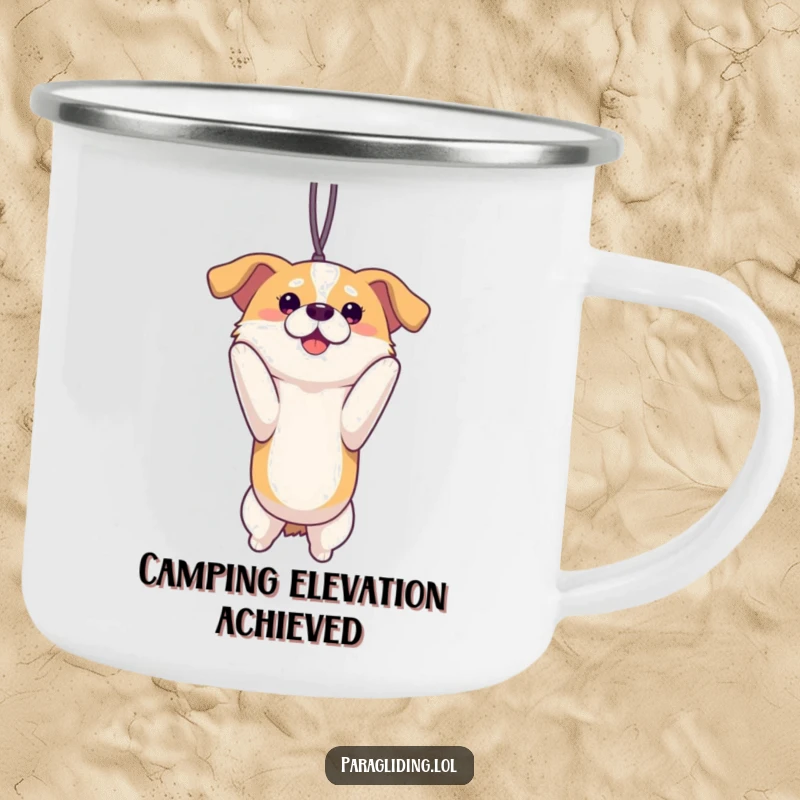 Funny proud dog suspended and enjoying a view on a durable camping mug. A cheerful and rugged funny gift for outdoor enthusiasts.