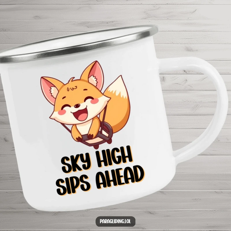 Funny fox paragliding with a wide, excited grin on a sturdy camping mug, perfect for adventure fuel and happy sipping.