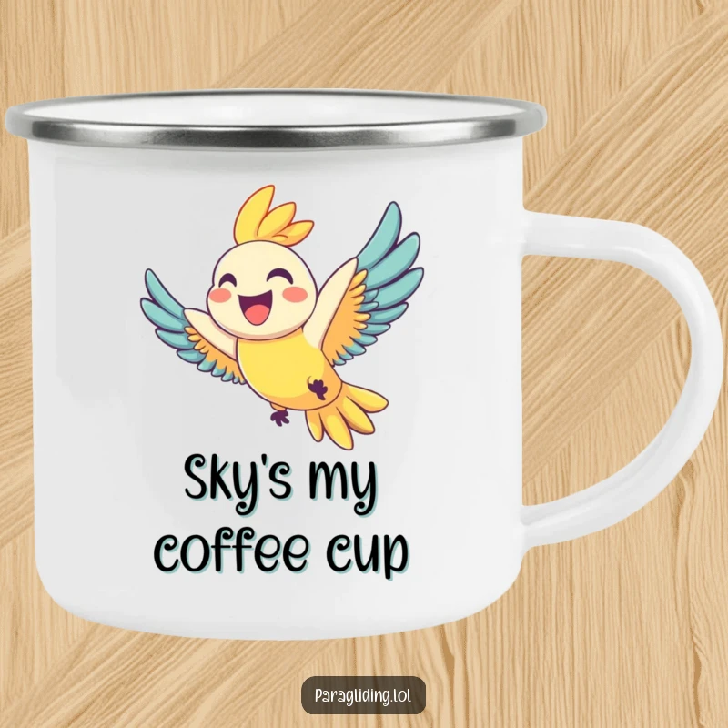 Funny camping mug with a joyful parrot grinning widely as it soars, perfect for happy outdoor sips, excellent funny gift.
