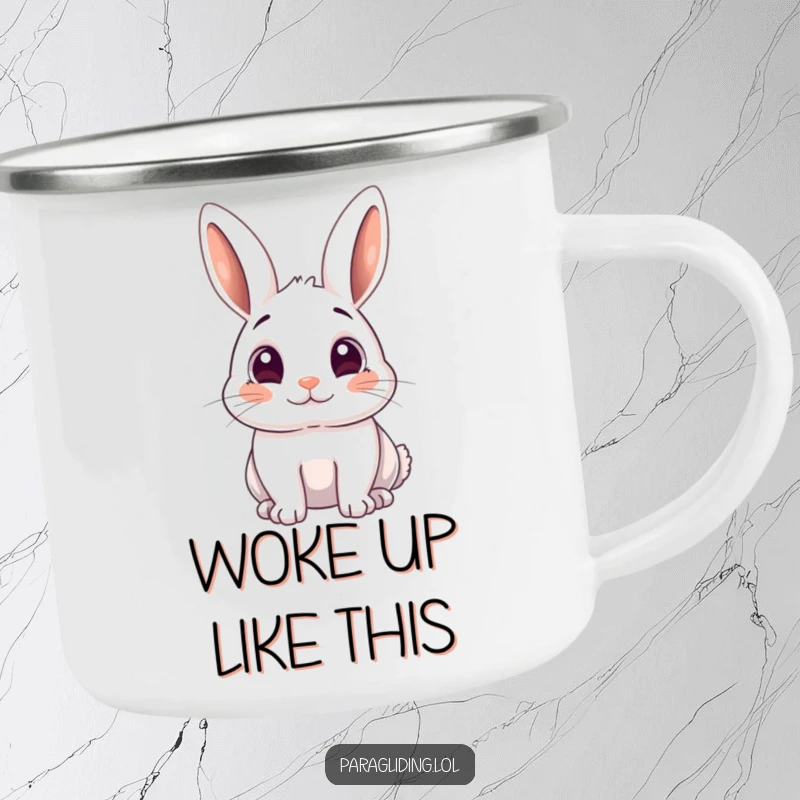 Funny camping mug with a playful rabbit looking down with wide, amazed eyes, great for outdoor drinks.